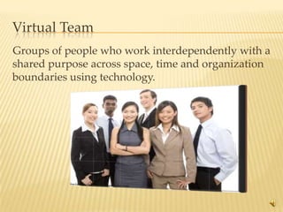 Virtual Team
Groups of people who work interdependently with a
shared purpose across space, time and organization
boundaries using technology.




                                                 10
 