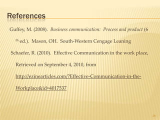 References
Guffey, M. (2008). Business communication: Process and product (6

   th   ed.). Mason, OH. South-Western Cengage Leaning

 Schaefer, R. (2010). Effective Communication in the work place,

   Retrieved on September 4, 2010, from

   http://ezinearticles.com/?Effective-Communication-in-the-

   Workplace&id=4017537




                                                                    26
 
