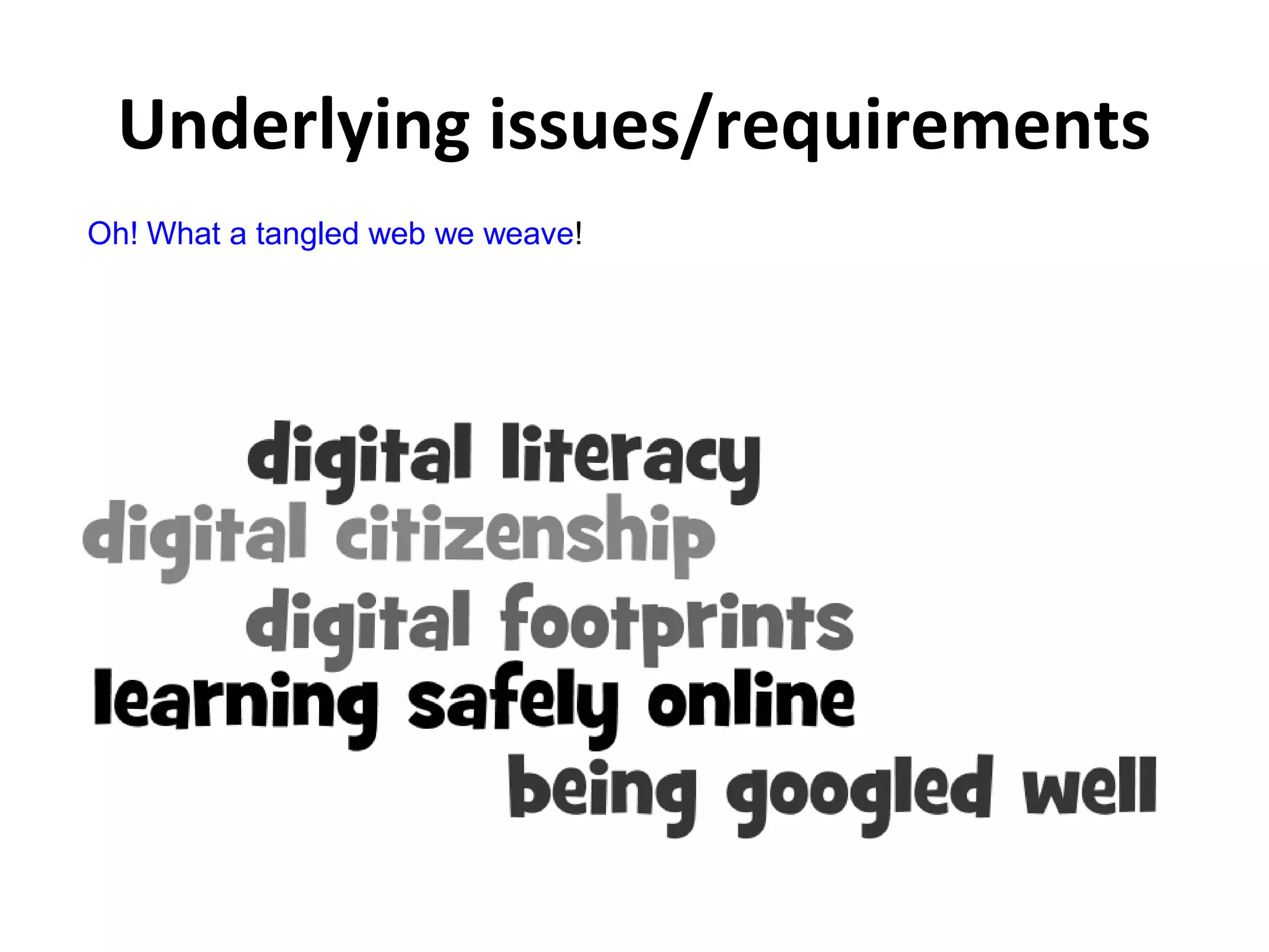 Underlying issues/requirements
Oh! What a tangled web we weave!
 