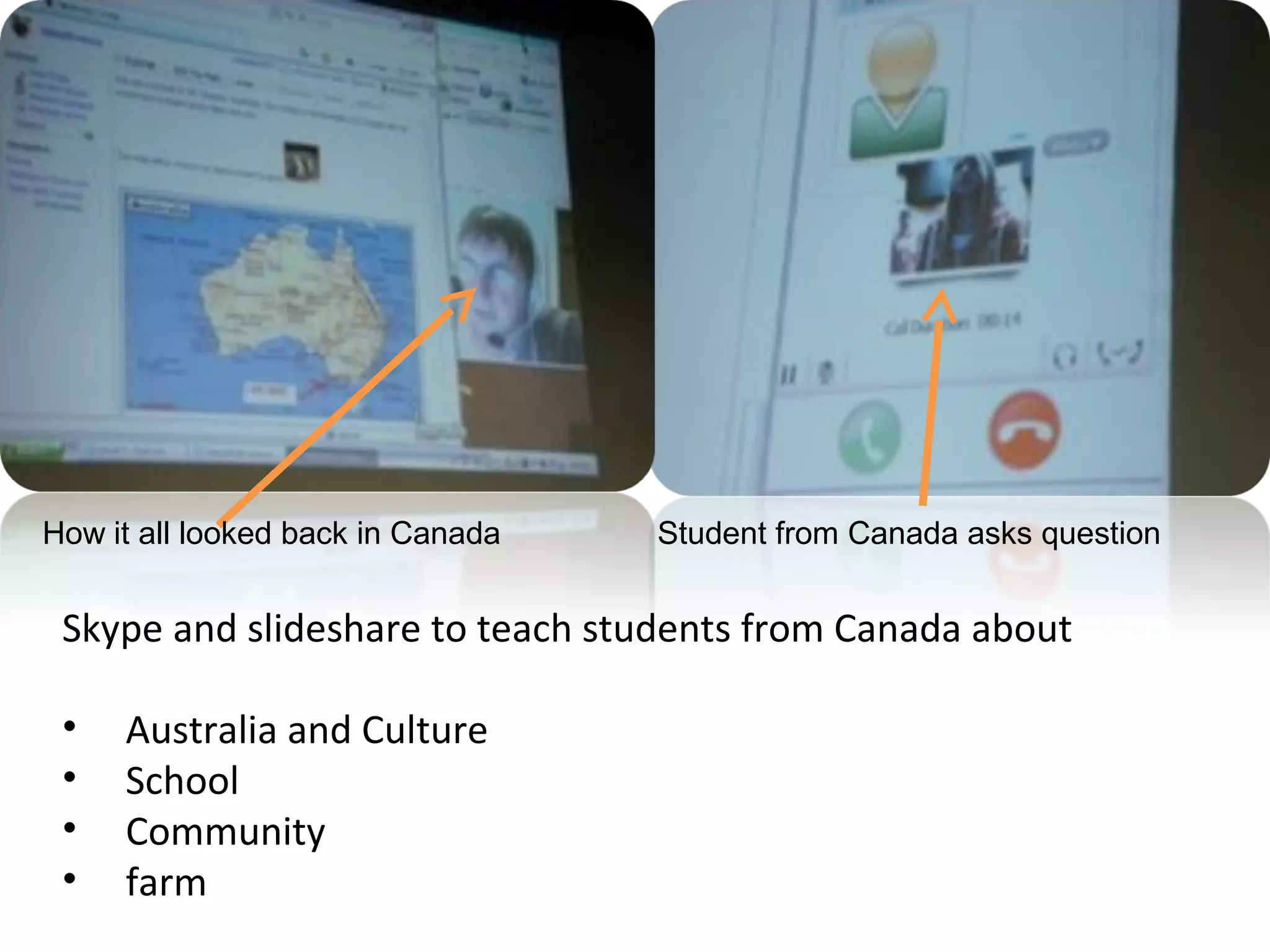 Dddddddddddddddddddd
Skype and slideshare to teach students from Canada about
• Australia and Culture
• School
• Community
• farm
Student from Canada asks questionHow it all looked back in Canada
 