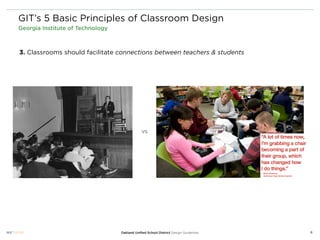 GIT’s 5 Basic Principles of Classroom Design
Georgia Institute of Technology



3. Classrooms should facilitate connections between teachers & students




                                              vs




                                  Oakland Uniﬁed School District Design Guidelines   8
 