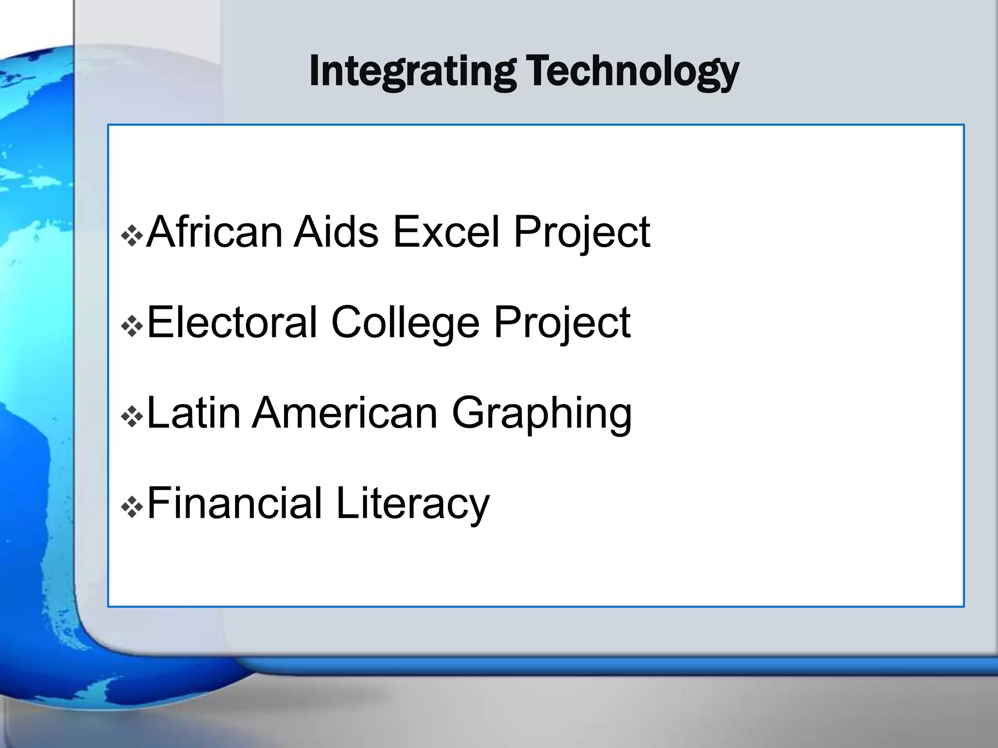 Integrating Technology


African Aids   Excel Project

Electoral   College Project

Latin   American Graphing

Financial   Literacy
 