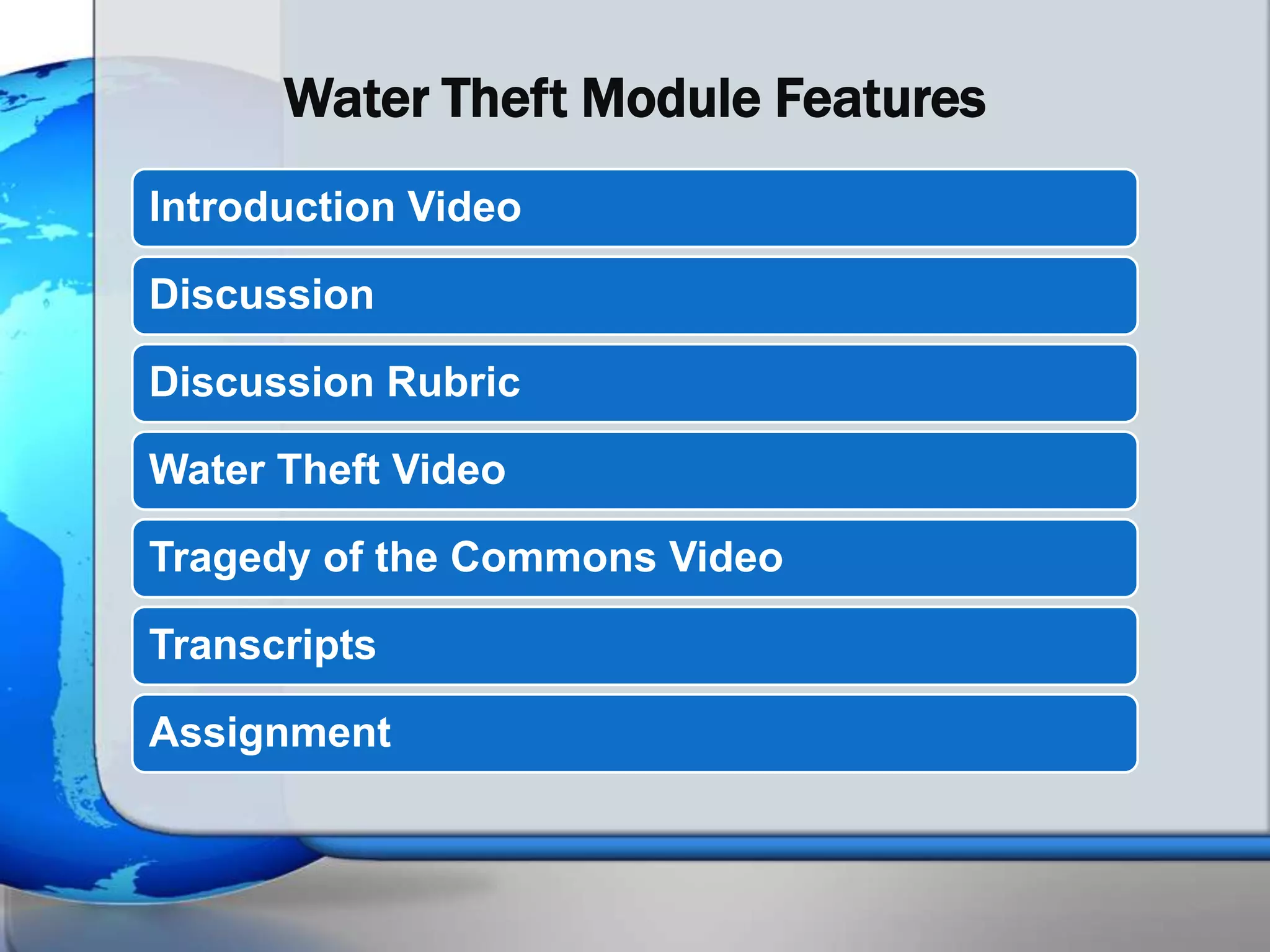 Water Theft Module Features
Introduction Video

Discussion

Discussion Rubric

Water Theft Video

Tragedy of the Commons Video

Transcripts

Assignment
 