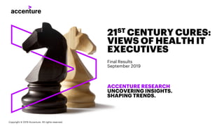 Copyright © 2019 Accenture. All rights reserved.
21ST CENTURY CURES:
VIEWS OF HEALTH IT
EXECUTIVES
ACCENTURE RESEARCH
UNCOVERING INSIGHTS.
SHAPING TRENDS.
Final Results
September 2019
 