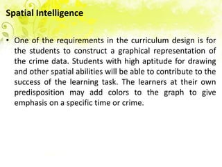 Spatial Intelligence

• One of the requirements in the curriculum design is for
  the students to construct a graphical representation of
  the crime data. Students with high aptitude for drawing
  and other spatial abilities will be able to contribute to the
  success of the learning task. The learners at their own
  predisposition may add colors to the graph to give
  emphasis on a specific time or crime.
 