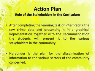 Action Plan
      Role of the Stakeholders in the Curriculum

• After completing the learning task of interpreting the
  raw crime data and presenting it in a graphical
  Representation together with the Recommendation
  the students will present it to the various
  stakeholders in the community.

• Hereunder is the plan for the dissemination of
  information to the various sectors of the community
  concerned;
 