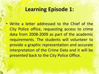 Learning Episode 1:

• Write a letter addressed to the Chief of the
  City Police office, requesting access to crime
  data from 2008-2009 as part of the academic
  requirements. The students will volunteer to
  provide a graphic representation and accurate
  interpretation of the Crime Data and it will be
  presented back to the City Police Office.
 
