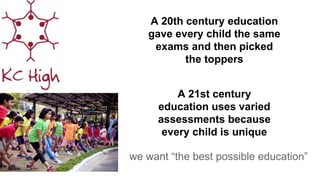 A 20th century education
gave every child the same
exams and then picked
the toppers
we want “the best possible education”
A 21st century
education uses varied
assessments because
every child is unique
 