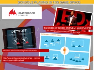 Matchbook Founder and CEO, Sajan George

http://www.matchbooklearning.com/case-studies/

http://www.christenseninstitute.org/a-l-holmeselementary-middle-school/

 