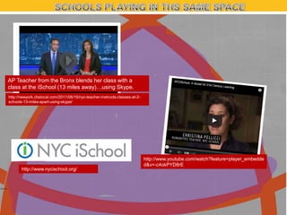 AP Teacher from the Bronx blends her class with a
class at the iSchool (13 miles away)…using Skype.
http://newyork.cbslocal.com/2011/06/16/nyc-teacher-instructs-classes-at-2schools-13-miles-apart-using-skype/

http://www.nycischool.org/

http://www.youtube.com/watch?feature=player_embedde
d&v=-c4okPYD8rE

 