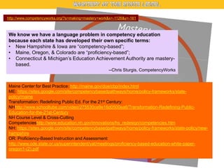 http://www.competencyworks.org/?s=making+mastery+work&x=-1126&y=-161

We know we have a language problem in competency education
because each state has developed their own specific terms:
• New Hampshire & Iowa are ―competency-based‖;
• Maine, Oregon, & Colorado are ―proficiency-based‖;
• Connecticut & Michigan’s Education Achievement Authority are masterybased.
--Chris Sturgis, CompetencyWorks

Maine Center for Best Practice: http://maine.gov/doe/cbp/index.html
ME: https://sites.google.com/site/competencybasedpathways/home/policy-frameworks/statepolicy/maine
Transformation: Redefining Public Ed. For the 21st Century:
NHhttp://www.schooltube.com/video/275530ce9e16d0500ea6/Transformation-Redefining-PublicEducation-for-the-21st-Century
NH Course Level & Cross-Cutting
Competencieshttp://www.education.nh.gov/innovations/hs_redesign/competencies.htm
NH: https://sites.google.com/site/competencybasedpathways/home/policy-frameworks/state-policy/newhampshire
OR: Proficiency-Based Instruction and Assessment:
http://www.ode.state.or.us/superintendent/yat/meetings/proficiency-based-education-white-paperoregon1-(2).pdf

 