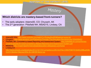 Which districts are mastery-based front-runners?
• The early adopters: Adams50, CO; Chucach, AK
• The 2nd generation: Pittsfield NH, MSAD15, Lindsey, CA

•
•
•
•
•

Adams50 Wiki: http://www.youtube.com/watch?v=RmjjeqNyxMQ&feature=youtu.be
Chugach: http://www.amazon.com/Delivering-Promise-The-Education-Revolution/dp/1934009423
Pittsfield, NH: Competency-based Reporting and Assessment System: http://pittsfield-nh.com/pmhs/wpcontent/uploads/2012/03/Competency-Based-Reporting-and-Assessment-System.pdf
MSAD15: http://msad15performancebasededucation.wikispaces.com/home
Lindsey,CA:
http://www.edweek.org/dd/articles/2012/10/17/01competency.h06.html?tkn=OMOF9MY816b90U29Buyhh6k
OLiKVCBixNeVS&cmp=ENL-EU-NEWS1&intc=es

 