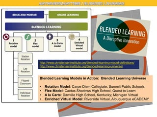 http://www.christenseninstitute.org/blended-learning-model-definitions/
http://www.christenseninstitute.org/blended-learning-universe/

Blended Learning Models in Action: Blended Learning Universe
•
•
•
•

Rotation Model: Carpe Diem Collegiate, Summit Public Schools
Flex Model: Cactus Shadows High School, Quest to Learn
A la Carte: Danville High School, Kentucky; Michigan Virtual
Enriched Virtual Model: Riverside Virtual, Albuquerque eCADEMY

 