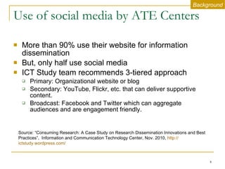 Use of social media by ATE Centers More than 90% use their website for information dissemination But, only half use social media ICT Study team recommends 3-tiered approach  Primary: Organizational website or blog Secondary: YouTube, Flickr, etc. that can deliver supportive content.  Broadcast: Facebook and Twitter which can aggregate audiences and are engagement friendly. Source: “Consuming Research: A Case Study on Research Dissemination Innovations and Best Practices”,  Information and Communication Technology Center, Nov. 2010,  http:// ictstudy.wordpress.com / Background 
