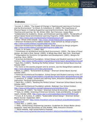 31
Endnotes
i
Cornell, P. (2002). “The Impact of Change in Teaching and Learning on Furniture
and the Environment.” In Chism, N. & Bickford, D. (2002). The Importance of
Physical Space in Creating Supportive Learning Environments. New Directions for
Teaching and Learning. No. 92, Winter 2002. San Francisco: Jossey Bass.
ii
Collaborative for Academic, Social, and Emotional Learning (2007). The Benefits of
School-based Social and Emotional Learning Programs. CASEL Update. December
2007. http://www.casel.org/downloads/metaanalysissum.pdf
iii
ASCD: Whole Child website. http://www.wholechildeducation.org/partners/
iv
American Architectural Foundation website. Great Schools by Design program.
http://www.archfoundation.org/aaf/gsbd/index.htm
v
American Architectural Foundation website. Great Schools by Design program.
http://www.archfoundation.org/aaf/aaf/Programs.GSBD.htm
vi
Tyack, D. & Cuban, L. (1995). Ibid.
vii
Commission on Architecture and the Built Environment. (2002). The Value of Good
Design. As cited in Pink, Daniel. (2005). A Whole New Mind. New York: Riverhead.
viii
Organisation for Economic Co-operation and Development. (2001). Designs for
Learning. Paris: OECD.
ix
American Architectural Foundation. School Design and Student Learning in the 21st
Century. http://www.archfoundation.org/aaf/documents/report.designforlearning.pdf
x
Sack-Min, J (2007). “Building the Perfect School.” American School Board Journal,
October 2007.
xi
For more on the awards program and its winners, see the DesignShare website at
http://www.designshare.com/index.php/awards
xii
Black, S. (2007). “Achievement by Design.” American School Board Journal.
October 2007.
xiii
American Architectural Foundation. School Design and Student Learning in the 21st
Century. http://www.archfoundation.org/aaf/documents/report.designforlearning.pdf
xiv
Sandrock, P. (2008). Content and Learning Team, Wisconsin Department of Public
Instruction. Personal communication.
xv
Sack-Min, J (2007). “Building the Perfect School.” American School Board Journal,
October 2007.
xvi
American Architectural Foundation website. Redesign Your School Contest.
http://www.archfoundation.org/aaf/redesignyourschool/About.htm
xvii
Kennedy, M. (2007). “Go Green.” American School & University. December 2007
xviii
Kats, G. (2006). Greening of America‟s Schools: Costs and Benefits. A Capital E
report, October 2006. http://www.cap-e.com/ewebeditpro/items/O59F9819.pdf
xix
Crum, B. & Turckes, S. (2007). “Sustainable School Design.” American School
Board Journal. September 2007.
xx
“Green Futures” http://www.innovation-unit.co.uk/about-us/publications/green-
futures.html
xxi
Sack-Min, J. (2007). Ibid.
xxii
AASL. (forthcoming) Empowering Learners: Guidelines for School Media Library
Programs. Used with permission of Julie Walker, AASL Executive Director.
xxiii
ASCD website. High School Reform Proposal.
http://www.ascd.org/portal/site/ascd/menuitem.6f662ce249e8980edeb3ffdb62108a
 