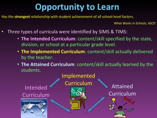 Opportunity to Learn Three types of curricula were identified by SIMS & TIMS: The Intended Curriculum : content/skill specified by the state, division, or school at a particular grade level. The Implemented Curriculum : content/skill actually delivered by the teacher. The Attained Curriculum : content/skill actually learned by the students. Intended Curriculum Implemented Curriculum Attained Curriculum Has the  strongest  relationship with student achievement of all school-level factors. What Works in Schools , ASCD 