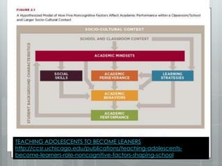 TEACHING ADOLESCENTS TO BECOME LEANERS
http://ccsr.uchicago.edu/publications/teaching-adolescents-
become-learners-role-noncognitive-factors-shaping-school
 