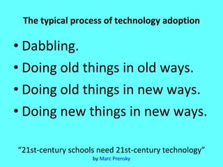 “ 21st-century schools need 21st-century technology” by  Marc  Prensky The typical process of technology adoption Dabbling.  Doing old things in old ways.  Doing old things in new ways.  Doing new things in new ways.  