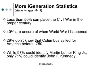 More iGeneration Statistics (students ages 12-17) Less than 50% can place the Civil War in the proper century 40% are unsure of when World War I happened 29% don’t know that Columbus sailed for America before 1750 While 97% could identify Martin Luther King Jr., only 71% could identify John F. Kennedy (Hess, 2008). 