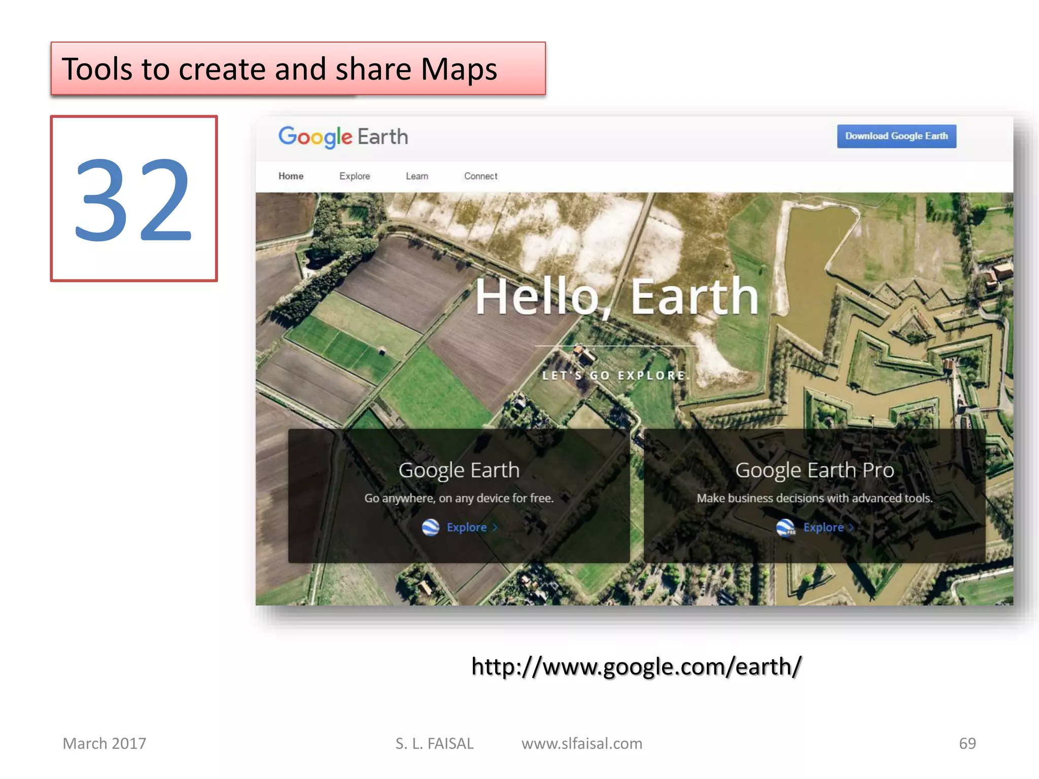 March 2017 S. L. FAISAL www.slfaisal.com 69
Tools to Organize
32
http://www.google.com/earth/
Tools to create and share Maps
 
