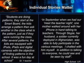 Individual Stories Matter
•
Where
do
we
start?
“In September when we had our
'meet the teacher night', one
mother walked around with her
iPhone in hand talking to
teachers. Through Skype, her
husband, a soldier currently
deployed in Afghanistan, was
able to fully participate in the
various meetings. I chatted with
him myself. In addition to talking
to everyone, he could see and
be seen by staff”.
High School V.P.
“Students are doing
patterns, they start at the
Smart Board, the kids
arrange a pattern then ask
another in the class what is
the pattern, just as if they
were running the class.
After several patterns, the
kids are equipped with
iPods, iPads and digital
cameras with the objective
of finding patterns in the
school. It was a fun day at
school” Gr. 1 teacher
 