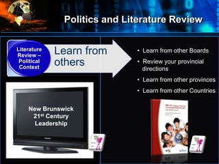 Politics and Literature Review
•
• Learn from
others
• Learn from other Boards
• Review your provincial
directions
• Learn from other provinces
• Learn from other Countries
Literature
Review –
Political
Context
New Brunswick
21st Century
Leadership
 