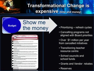 Transformational Change is
expensive (time and money)
•
Where
do
we
start?
• Show me
the money • Prioritizing – refresh cycles
• Cancelling programs not
aligned with Board priorities
• Over $1 million per year
from cancelled initiatives
• Transitioning teacher
resource centre
• School councils and
school funds
• Grants and Vendor rebates
• Reserves
Budget
 