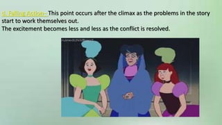d. Falling Action– This point occurs after the climax as the problems in the story
start to work themselves out.
The excitement becomes less and less as the conflict is resolved.
 