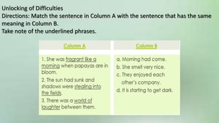 Unlocking of Difficulties
Directions: Match the sentence in Column A with the sentence that has the same
meaning in Column B.
Take note of the underlined phrases.
 