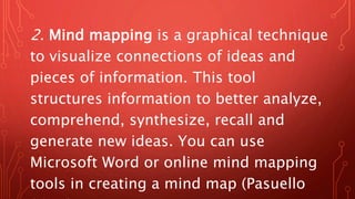 2. Mind mapping is a graphical technique
to visualize connections of ideas and
pieces of information. This tool
structures information to better analyze,
comprehend, synthesize, recall and
generate new ideas. You can use
Microsoft Word or online mind mapping
tools in creating a mind map (Pasuello
 