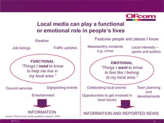 As a result, definitions of community vs local vs regional media differ by individualSource: Ofcom qualitative research 2006