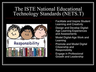 The ISTE National Educational Technology Standards (NETS.T) Facilitate and Inspire Student Learning and Creativity Design and Develop Digital-Age Learning Experiences and Assessments Model Digital-Age Work and Learning Promote and Model Digital Citizenship and Responsibility Engage in Professional Growth and Leadership 