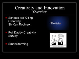 Creativity and Innovation Overview Schools are Killing Creativity Sir Ken Robinson Poll Daddy Creativity Survey SmartStorming 