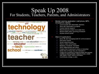 Speak Up 2008 For Students, Teachers, Parents, and Administrators Mobile Learning application: (cell phone, MP3, Smartphone, laptop) Communicate with classmates, teachers Work with classmates on projects Condut Internet research Record lectures to listen to at a later time Receive alerts aobut upcoming homework Access school’s portal Web 2.0 applications: Emai, IM, text messaging tools for communications Discussion boards Social networking sites Chat or online communities MySpace, Facebook, Friendster Write collaboratively with others Create a list of resources to share or remember Notify them of things they are interested in Create and contribute by exploring ideas and express creatify by sharing photos, videos or music, create new videos, music, audio or animation Contritribute ot blogs or wikis 