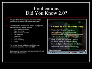Implications Did You Know 2.0? A surge of new technologies and social media innovations is altering the medial landscape. Convergence is everywhere.  These changes are affecting the way people behave. Online newspaper readers Digital advertising Video uploads to YouTube Text messaging Cell phones Twitter posts Social networking Emails The mobile device will be the world’s primary connection tool to the internet in 2020 Students who have never held a textbook will hold the world in their laptops. 