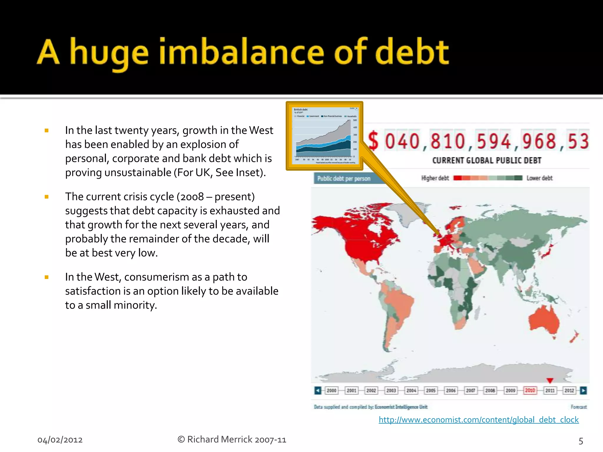     In the last twenty years, growth in the West
      has been enabled by an explosion of
      personal, corporate and bank debt which is
      proving unsustainable (For UK, See Inset).

     The current crisis cycle (2008 – present)
      suggests that debt capacity is exhausted and
      that growth for the next several years, and
      probably the remainder of the decade, will
      be at best very low.

     In the West, consumerism as a path to
      satisfaction is an option likely to be available
      to a small minority.




                                                           http://www.economist.com/content/global_debt_clock

04/02/2012                     © Richard Merrick 2007-11                                                    5
 