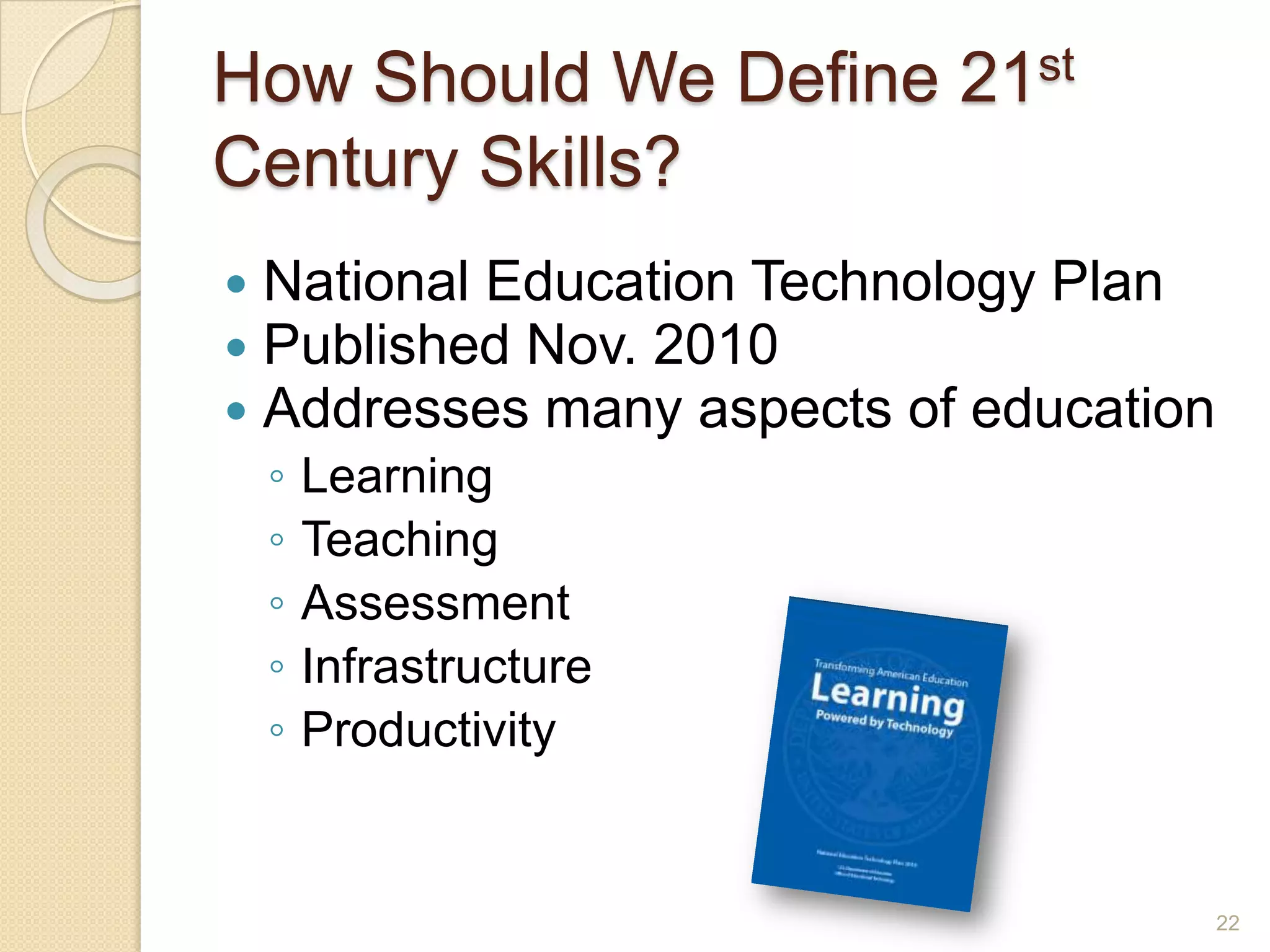 How Should We Define 21st Century Skills?National Education Technology PlanPublished Nov. 2010Addresses many aspects of educationLearningTeachingAssessmentInfrastructureProductivity22