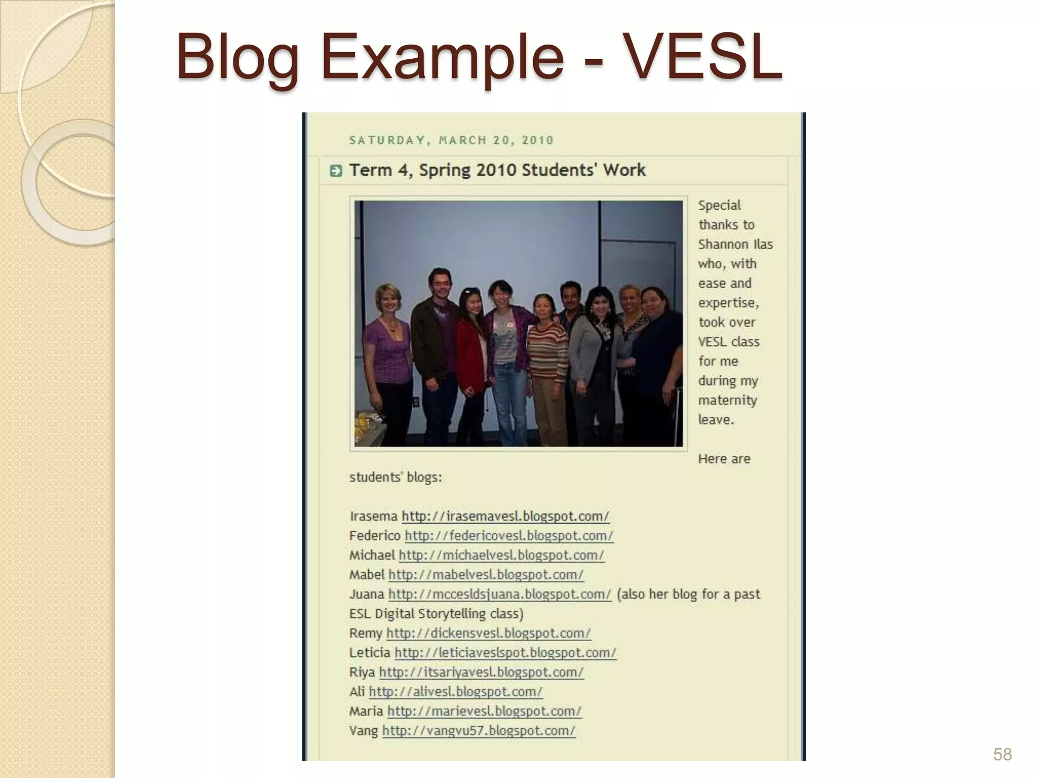 Uses for FacebookPromote your programKeep in touch with learnersShare information, photos, videos, songsKeep in touch with alumni47