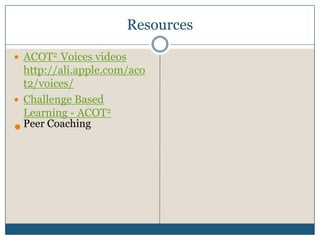 1/3/2010Naomi Harm ~ Innovative Educator ConsultingRelevant and Applied CurriculumCurriculum must support active, authentic, and engaged learning, leveraging technologyinnovations that profoundly affect our daily lives.Collaboration and communityAuthenticity and relevanceReal-world tools, resources, and methodologies Rich continuum of teaching and learning strategiesStandard alligned content with a 21st century contextCreates linkages to the outside worldhttp://ali.apple.com/acot2