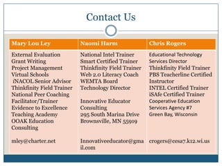 1/3/2010Naomi Harm ~ Innovative Educator ConsultingInformative AssessmentAssessments must facilitate individual  group learning, and empower studentsto gauge their own progress.Informative assessment guides and facilitates learning.Make instructional and curricular changes intended to yield immediate benefits to students.Students can maintain their work as demonstrations of their learning.Teachers can use evidence of current progress to adjust, adapt, or supplement the learning experienceServes as a GPS, helping all to see the current position relative to the destination, while judiciously avoiding judgments.http://ali.apple.com/acot2