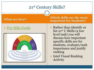 Today’s AgendaOverview of 21st Century Skills DiscussionBack channel chat for todayResources and Tools from P21Explore 21st Century Teaching and Learning Environments and ToolsReflection on 21st Century Skill emphasis in your ARRA grant Other tools resources  