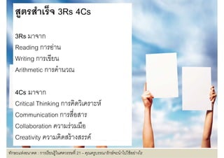 สููตรสําเร็จ 3Rs 4Cs
   3R มาจาก
   3Rs
   Reading การอ่าน
   Writing การเขียน
   Arithmetic การคํานวณ
              การคานวณ

   4Cs มาจาก
   Critical Thinking การคิดวิเคราะห์
                     การคดวเคราะห
   Communication การสือสาร
   Collaboration ความร่่วมมืือ
   Creativity ความคิดสร้ างสรรค์
             y
ทักษะแห่งอนาคต : การเรี ยนรู้ในศตวรรษที 21 – คุณครูบรรณารักษ์ จะนําไปใช้ อย่างไร
 
