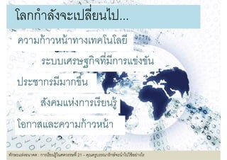 โลกกาลงจะเปลยนไป...
   โลกกําลังจะเปลียนไป
    ความก้้ าวหน้้ าทางเทคโนโลยีี
                          โ โ
         ระบบเศรษฐกิจทีมีการแข่งขัน
    ประชากรมีมากขึน
        สังคมแห่งการเรี ยนรูู้
    โอกาสและความกาวหนา
    โอกาสและความก้ าวหน้ า

ทักษะแห่งอนาคต : การเรี ยนรู้ในศตวรรษที 21 – คุณครูบรรณารักษ์ จะนําไปใช้ อย่างไร
 