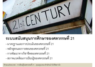 ระบบสนบสนุนการศึึกษาของศตวรรษทีี 21
        ั
  - มาตรฐานและการประเมินของศตวรรษที 21
    มาตรฐานและการประเมนของศตวรรษท
  - หลักสูตรและการสอนของศตวรรษที 21
  - การพัฒนาทางวิิชาชีีพของศตวรรษทีี 21
         ั
  - สภาพแวดล้ อมการเรี ยนรูู้ของศตวรรษที 21
ทักษะแห่งอนาคต : การเรี ยนรู้ในศตวรรษที 21 – คุณครูบรรณารักษ์ จะนําไปใช้ อย่างไร
 