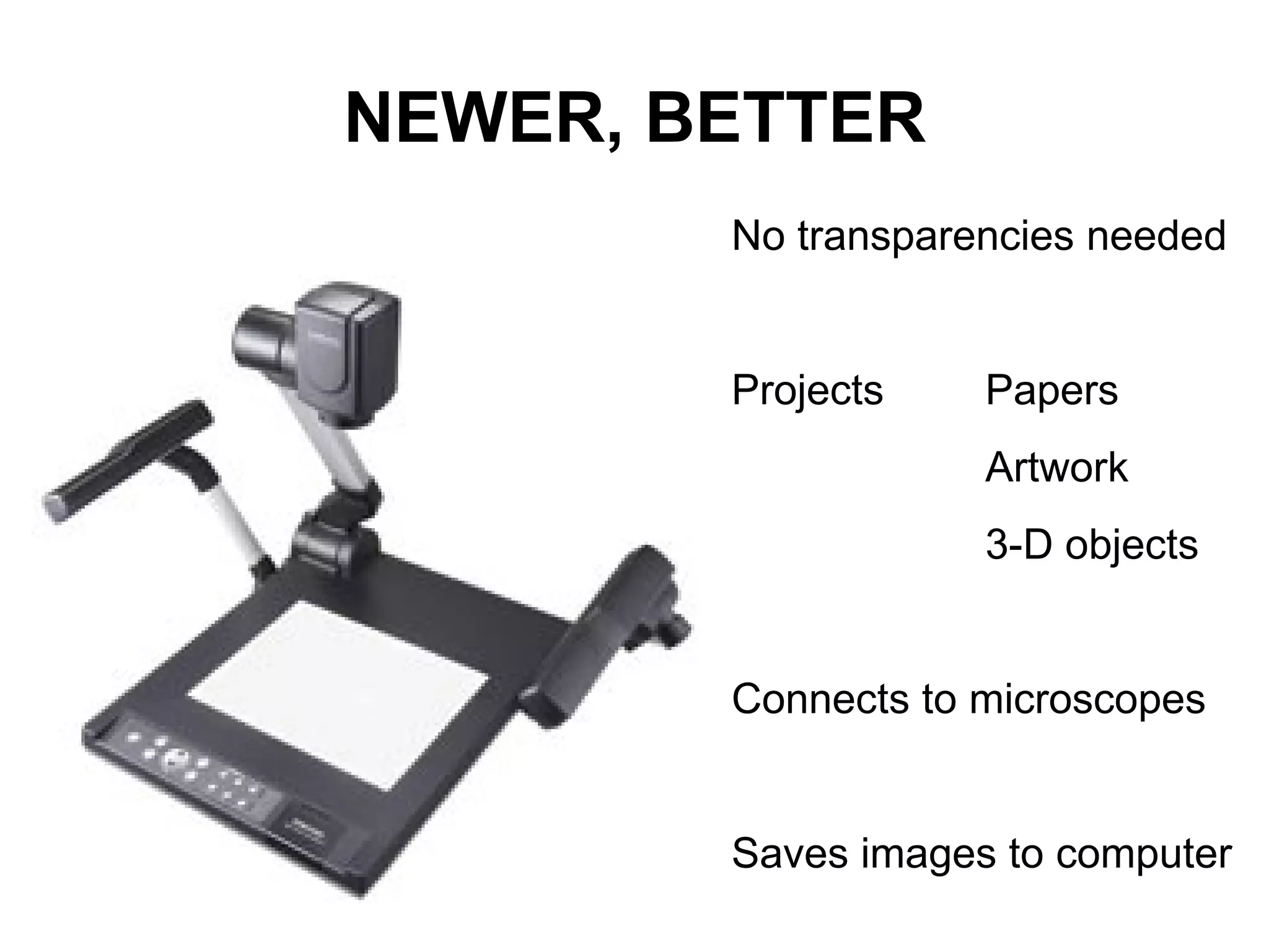 NEWER, BETTER No transparencies needed Projects  Papers Artwork 3-D objects Connects to microscopes Saves images to computer 