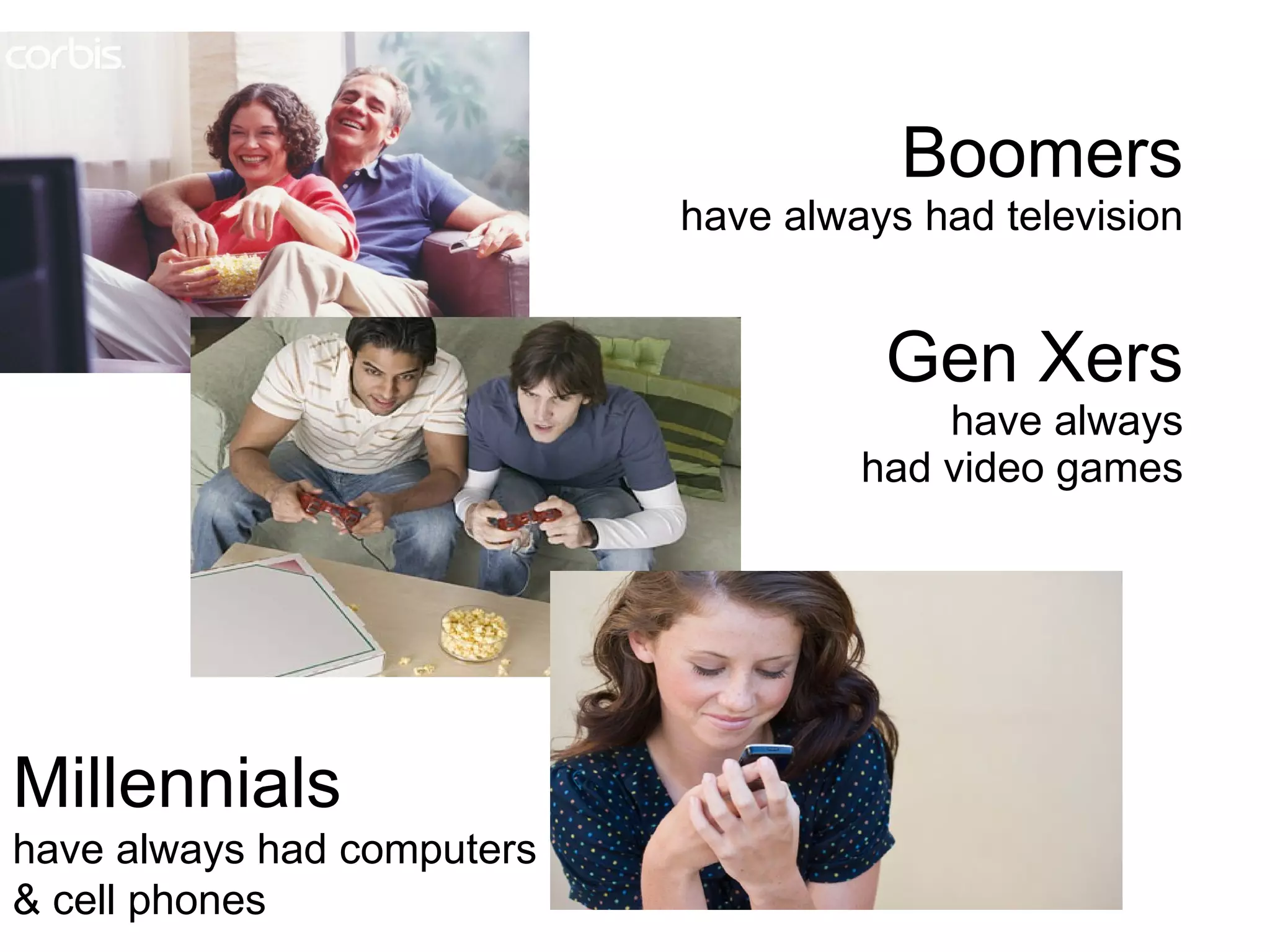 Boomers have always had television   Gen Xers have always had video games Millennials have always had computers & cell phones 