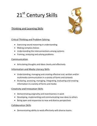 st
     21 Century Skills

Thinking and Learning Skills


Critical Thinking and Problem Solving
     Exercising sound reasoning in understanding
     Making complex choices
     Understanding the interconnections among systems
     Framing, analyzing and solving problems

Communication
     Articulating thoughts and ideas clearly and effectively

Information and Media Literacy Skills
     Understanding, managing and creating effective oral, written and/or
     multimedia communication in a variety of forms and contexts
     Analyzing, accessing, managing, integrating, evaluating and creating
     information in a variety of forms and media

Creativity and Innovation Skills
     Demonstrating originality and inventiveness in work
     Developing, implementing and communicating new ideas to others
     Being open and responsive to new and diverse perspectives

Collaboration Skills
     Demonstrating ability to work effectively with diverse teams
 