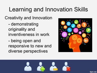 Learning and Innovation Skills
Creativity and Innovation
- demonstrating
originality and
inventiveness in work
- being open and
responsive to new and
diverse perspectives
 