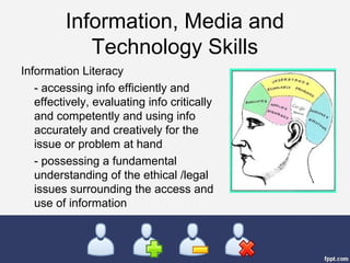 Information, Media and
Technology Skills
Information Literacy
- accessing info efficiently and
effectively, evaluating info critically
and competently and using info
accurately and creatively for the
issue or problem at hand
- possessing a fundamental
understanding of the ethical /legal
issues surrounding the access and
use of information
 