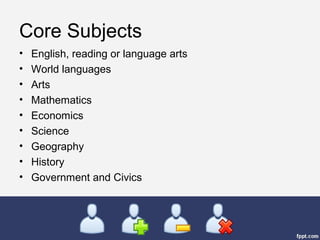 Core Subjects
• English, reading or language arts
• World languages
• Arts
• Mathematics
• Economics
• Science
• Geography
• History
• Government and Civics
 